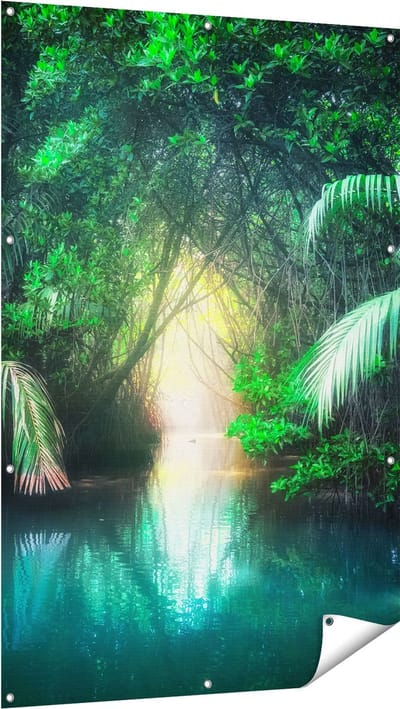 Gards Tuinposter Tropische Jungle met een Turquoise Meer - 100x150 cm - Tuindoek - Tuindecoratie - Wanddecoratie buiten - Tuinschilderij