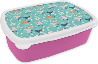 Broodtrommel Roze - Lunchbox - Brooddoos - Rolschaatsen - Patronen - Vintage - 18x12x6 cm - Kinderen - Meisje