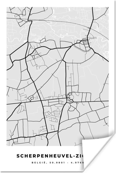 Poster Kaart – Plattegrond – Stadskaart – Scherpenheuvel Zichem – België – Zwart Wit - 120x180 cm XXL