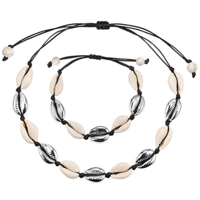Fako Bijoux - Schelpjes Ketting & Armband - Choker - Schelpen Set - Zilver/Zwart