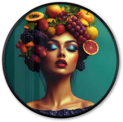 Poster in lijst Rond - Fotolijst 60x60 cm - Posters - Vrouw - Hoodtooi - Tropisch - Fruit - Druiven - Ronde posterlijst zwart - Decoratie - Wanddecoratie woonkamer - Muurdecoratie slaapkamer