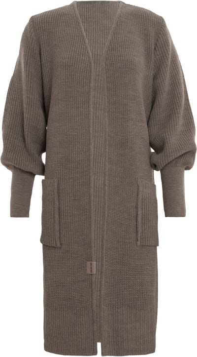 Knit Factory Patty Lang Gebreid Vest Marron - Gebreide dames cardigan - Lang vest tot over de knie - Donkerbruin damesvest - Pofmouw - 30% wol en 70% acryl - 36/38