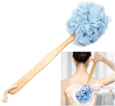 Lange Handgreep Houten Badborstel & Doucheborstel met Bloem Mesh – Exfoliërende Rug Scrubber, Bad Spons voor Zachte Huid