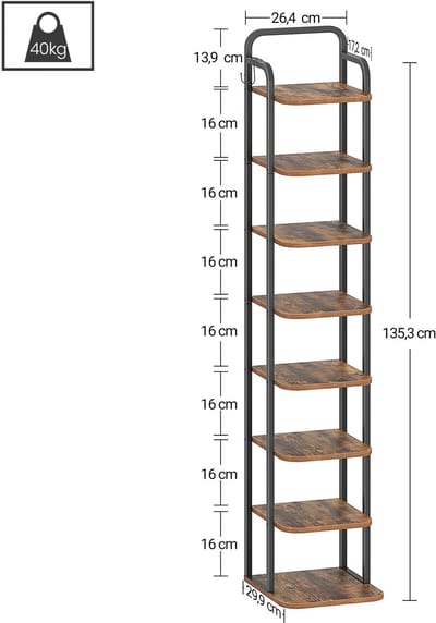 schoenenkast-schoenenrekker 8-Laags -Verticaal Schoenrek- Vrijstaand-Entree- Verstelbaar- Rustiek Bruin en Zwart.