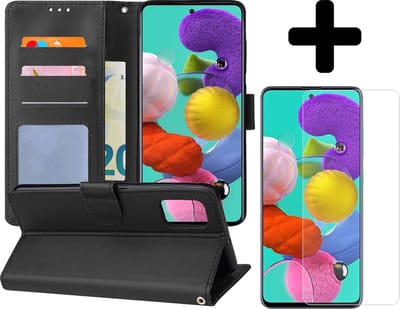 Hoesje - Met Screenprotector - Geschikt voor Samsung Galaxy A51 - Luxe Pasjeshouder - Flipcase - Bookcase Portemonee - Flip Case - Kunstleer Book Case - Book Cover - Walletcase - Portemonneehoes - Telefoonhoes - Zwart