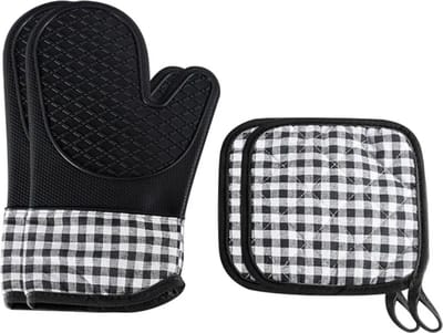 Ovenwanten + Onderzetters - Luxe Ovenwanten - Handige Ovenwanten Set - Onderzetters - BBQ Handschoenen - Ovenhandschoenen - Zwart - Siliconen - Katoen - IXEN