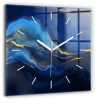 Wallfluent Wandklok - Blauwe marmer Unieke Wandklok - 60 cm x 60 cm - Blauw Wandklok - Witte Handen - Wandklok Zonder Cijfers - Stille Wandklok Slaapkamer - Vierkante Glas Klok - Scandinavisch Wandklok - Klok als Muurdecoratie
