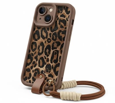 Bruin luipaard print telefoon hoesje met koord geschikt voor iPhone 15 – backcover dames met panter dessin, afneembaar draagkoord en minimalistisch ontwerp
