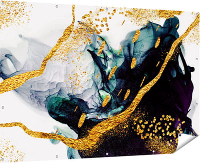 Gards Tuinposter Abstracte Kunst - Zwart Wit met Gouden Strepen - 180x120 cm - Tuindoek - Tuindecoratie - Wanddecoratie buiten - Tuinschilderij
