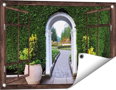 Gards Tuinposter Doorkijk Doorkijk met Potten - 60x40 cm - Tuindoek - Tuindecoratie - Wanddecoratie buiten - Tuinschilderij