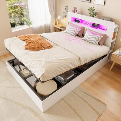 HAUSS SPOLE Bed 140x200 cm - Met Hydraulische Opbergruimte En LED Hoofdbord - Stopcontacten Zonder Matras - Hout - Wit