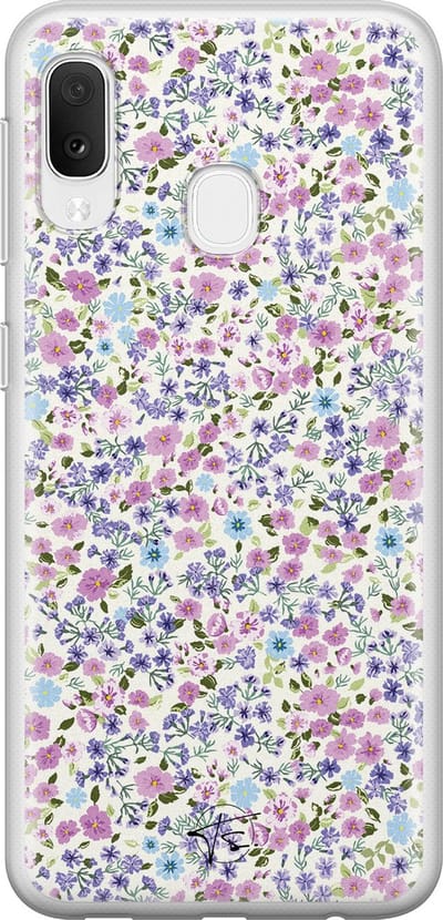 Hoesje geschikt voor Samsung Galaxy A20e - Paarse bloemen - Soft Case - TPU - Bloemen - Paars - Mooie Telefoonhoesjes