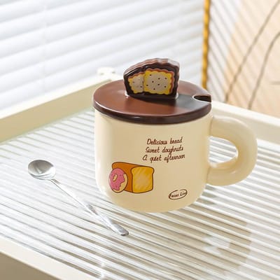 Creatief Brood Keramiek Thuisgebruik Schattige Cartoon Mok Mok Koppel Waterbeker met Deksel Lepel Koffiekop Ontbijtkop 301-400ml