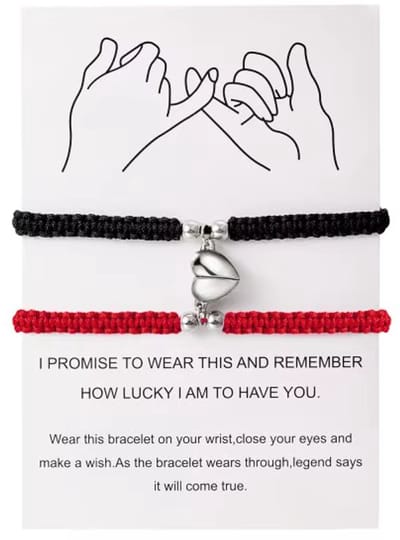 2-delige Magnetische Koppelarmband Set – Gevlochten Geluk Armbanden met Hart | Voor Koppels, Vrienden & Liefde (Dames & Heren)- Zwart en Rood