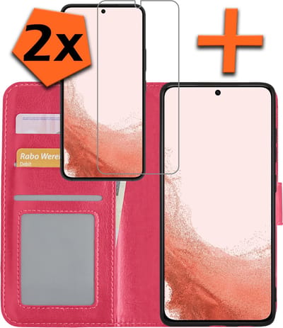 Hoes - Met 2x Screenprotector - Geschikt voor Samsung Galaxy S22 Plus - Luxe Pasjeshouder - Bookcase Portemonee - Flip Case - Kunstleer Book Case - Flipcase Hoes - Book Cover - Walletcase - PortemonneeHoes - Donkerroze