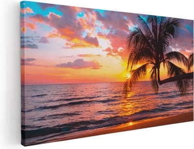 Artaza Canvas Schilderij Zonsondergang Strand - 40x20 cm - Klein - Wanddecoratie Zee - Muurdecoratie Palmboom - Schilderijen Op Canvas