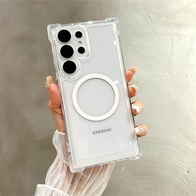 Pour Magsafe Coque de Téléphone Magnétique Transparente Pour Samsung Galaxy S25 S22 S23 S24 Ultra Plus Housse de Chargement Sans Fil Coque Transparente Galaxy S23 beige