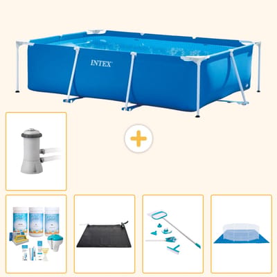 Intex Rechthoekig Frame Zwembad - 300 x 200 x 75 cm - Blauw - Inclusief Onderhoudspakket - Solar Mat - Schoonmaakset - Grondzeil - Zwembadfilterpomp - 6-delig
