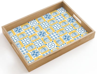 Dienblad hout 40x30 cm - Schootdienblad - Patroon - Tegel - Geel - Blauw - Borrelplank rechthoek - Plateau dienbladen