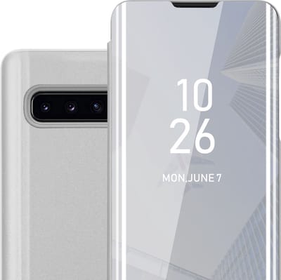 Cadorabo Hoesje geschikt voor Samsung Galaxy S10 4G in AGAAT ZILVER - Clear View Spiegel Beschermende Case met Tribunefunctie 360 Graden Bescherming Book Case Cover Etui