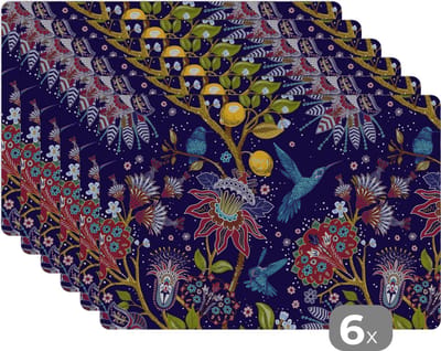 Placemat - Placemats kunststof - Patronen - Vogel - Bloemen - 45x30 cm - 6 stuks - Hittebestendig - Anti-Slip - Onderlegger - Afneembaar
