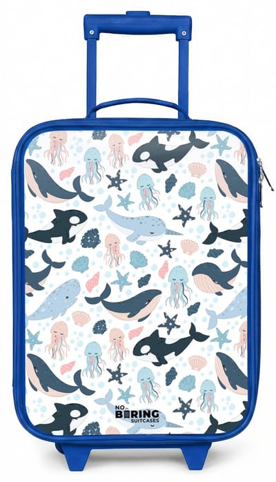 NoBoringSuitcases.com® - Kinderkoffer blauw - Kindertrolley jongen - Zeedierenpatroon met walvissen, kwallen en orka's - Koffer kind lichtgewicht - Reiskoffer trolley voor kinderen - Koffertje met lichtgevende wieltjes - Rolkoffer