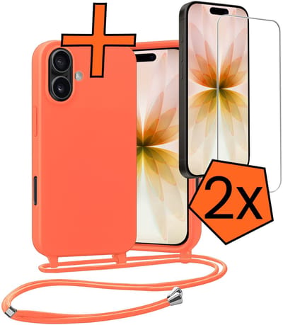 Hoesje Geschikt voor iPhone 17 Hoes Met Telefoonketting Met 2x Screenprotector - Backcover Geschikt voor iPhone 17 Case Met Koord - Papaya