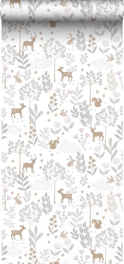 ESTAhome behang bos met bosdieren lila paars en beige - 53 cm x 10.05 m - 139520