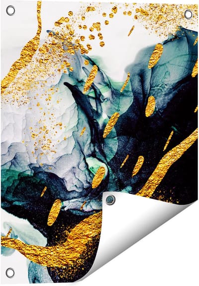 Gards Tuinposter Abstracte Kunst - Zwart Wit met Gouden Strepen - 40x50 cm - Tuindoek - Tuindecoratie - Wanddecoratie buiten - Tuinschilderij