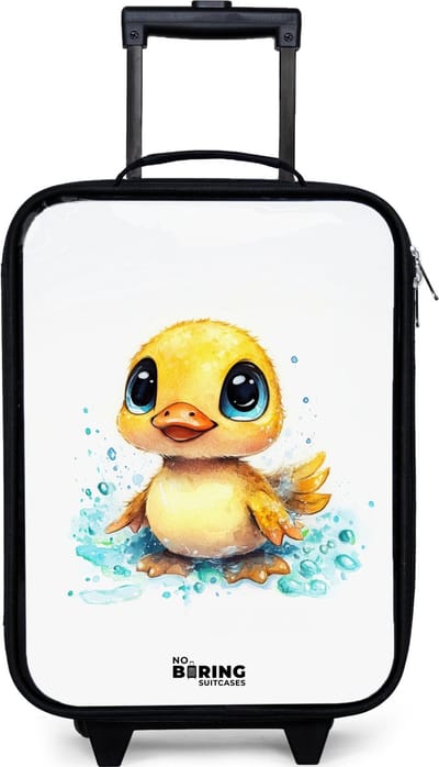 NoBoringSuitcases.com® - Kinderkoffer jongen - Kindertrolley meisje - Lief eendje met blauwe ogen en waterspetters - Koffer kind lichtgewicht - Reiskoffer trolley voor kinderen - Koffertje met lichtgevende wieltjes - Rolkoffer zwart