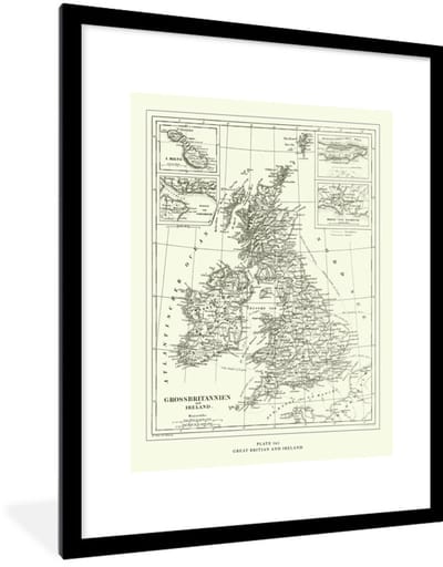 Poster in lijst - Fotolijst 60x80 cm - Posters - Klassieke wereldkaart Groot Brittannië en Ierland - Posterlijst zwart - Decoratie - Wanddecoratie woonkamer - Muurdecoratie slaapkamer