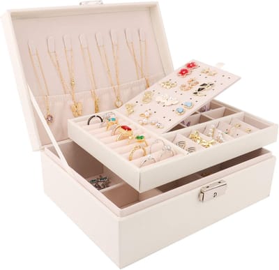 Famanu - Sieradendoos, PU-leer Opberger voor juwelendoos, 2 niveaussieradendoos voor dames, sieradendoosje voor ringen, oorbellen, halskettingen en horloges, met slot en sleutel