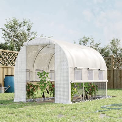 MEUNIQ Kweektunnel 295 x 200 x 200 cm met stalen frame, 6 oprolbare ramen met gaas, PE-folie met UV-bescherming, tunnelkas voor tuin en kweek van groenten en kruiden, wit