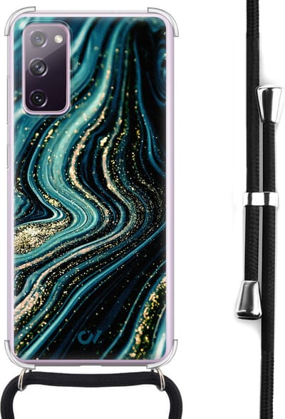 Telefoonhoesje met koord geschikt voor Samsung S20 FE - Blue Marble Waves - Inclusief koord - Transparant, Blauw - - Crossbody beschermhoes - Met Telefoonketting