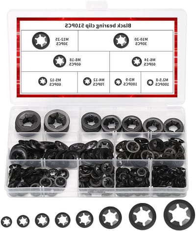 Complete Set van 510 Stuks Veerringenset, Diverse Stopringen, Klemringen en Wasringen in Zwart, Inclusief M2.5 tot M12 Maten voor Diverse Toepassingen