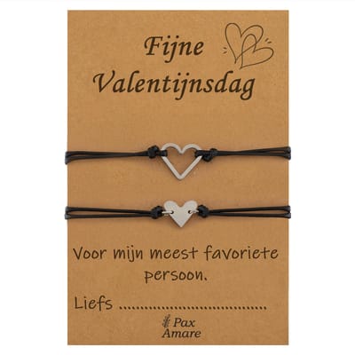 Koppel Armbandjes voor 2 "Fijne Valentijnsdag" - Leuke Hartjes - Vriendschapsarmbandjes met Persoonlijk Cadeau Kaartje - Zilverkleurig - Elastisch Verstelbaar - Pax Amare