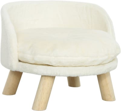 PawHut Katzensofa, Haustiersofa mit Kissen, Katzenbett, katzensessel Katzenhocker erhöhtes Haustierbett mit rutschfesten Holzfüße, Hundesofa, Indoor, Cremeweiß, 40,5 x 40,5 x 33 cm