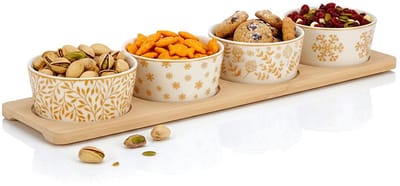 Excellent Houseware - Porseleinen Amuseschaaltjes - Bamboe Tafelblad - 5-delig Set - Kerstontwerpen