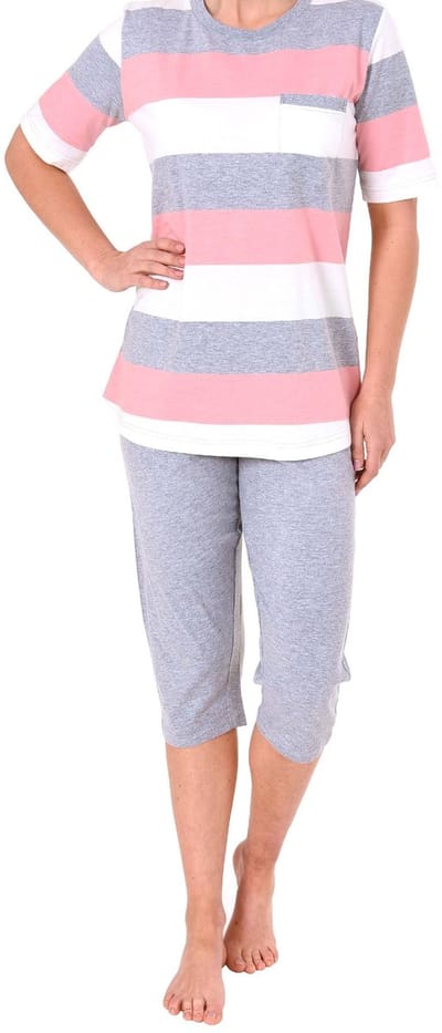 Dames pyjama korte mouw met capri broek in grote blokstreep look - ook in overmaten