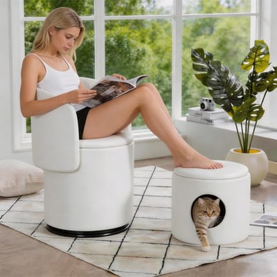 Draaibare Opbergkruk - 360° - Fluweel - Wit - Met Opbergruimte - Incl. Kattenmand - Art Deco Modern