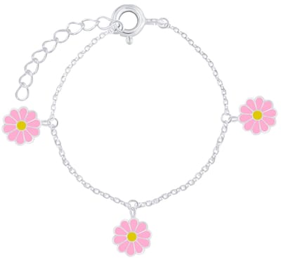 Joy|S - Zilveren madelief bloem bedel armband - roze bloemetjes - 14 cm + 3 cm extension - voor kinderen