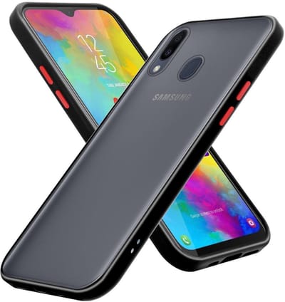 Cadorabo Hoesje geschikt voor Samsung Galaxy M20 in Mat Zwart - Rode Knopen - Hybride beschermhoes met TPU siliconen Case Cover binnenkant en matte plastic achterkant