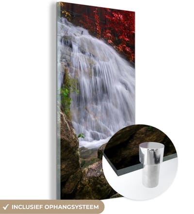 MuchoWow® Glasschilderij 20x40 cm - Schilderij acrylglas - Waterval - Rotsen - Water - Herfst - Foto op glas - Schilderijen