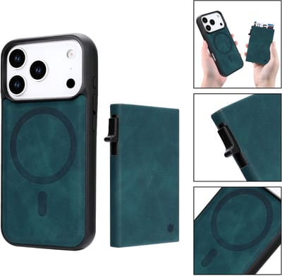 Casemania Hoesje Geschikt voor Apple iPhone 17 Pro - Emerald Green - Magnetisch Back Cover met Uitschuifbaar Pasjeshouder - 2 in 1 Telefoonhoesje geschikt voor MagSafe met 6 Pasvakjes Creditkaarthouder - Groen