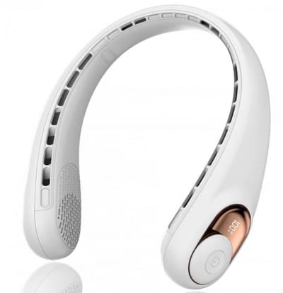 LISM-Draagbare nekventilator met 3 instelbare windsnelheden, intrekbare nekventilator voor verkoeling en handsfree gebruik, oplaadbare batterij van 3600 mAh, geschikt voor buitensporten en reizen (wit).