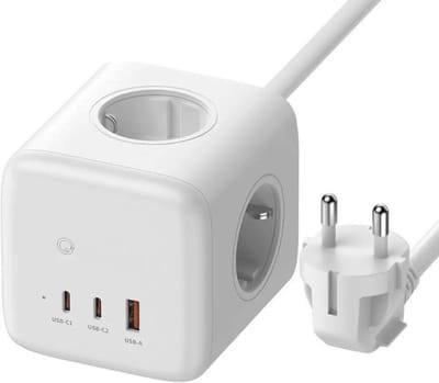 Thuys – 6 – in – 1 Kubus Verlengkabel – 3 AC Stopcontacten – 65W GAN Snellader – 2 USB – C En 1 USB – A – Wit
