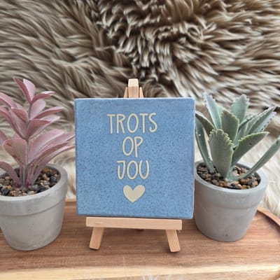Robuust Wenstegeltje “Trots op Jou” – Lief Cadeautegeltje met Hartje – Trendy nu – Geslaagd – Vriend(in) – Familie – Gezin – Zomaar – Cadeau – Geslaagd – Decoratief Tegeltje met Standaard – Cadeau Idee