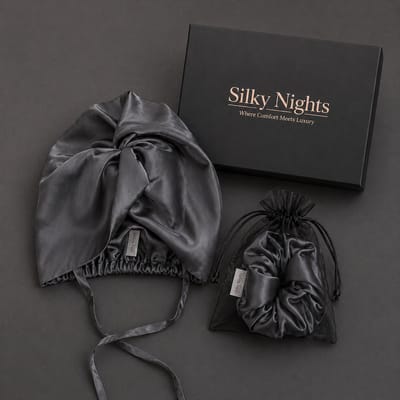 Silky Nights® Dubbelzijdige Zijden Bonnet + Scrunchie Set – 100% Moerbei Zijde (19 Momme) – Verstelbaar – Anti Pluis & Haarbreuk – Haarbescherming Nacht – Charcoal – Unisex - Silk