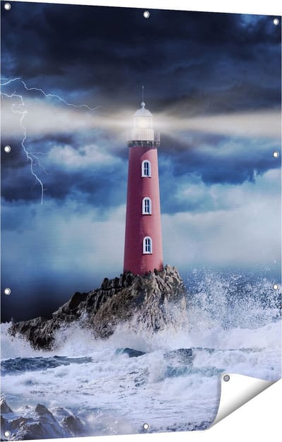 Gards Tuinposter Vuurtoren op een Storm Zee met Golfen Water - 90x120 cm - Tuindoek - Tuindecoratie - Wanddecoratie buiten - Tuinschilderij