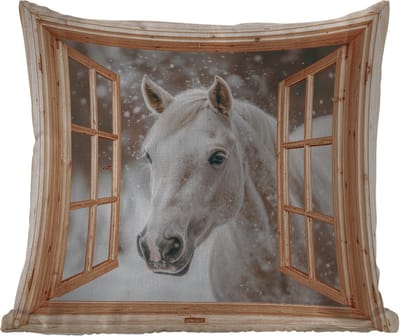 Sierkussen Buiten - Doorkijk - Paard - Wit - Winter - Sneeuw - Dieren - 60x60 cm - Weerbestendig